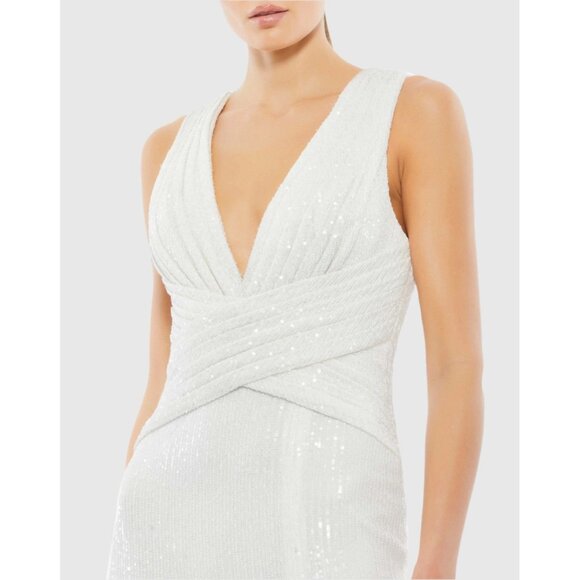 Mac Duggal Size 4 White 26598 V-Neck Sequin Wrap Waist Maxi Gown Wedding Bridal - Picture 2 of 12